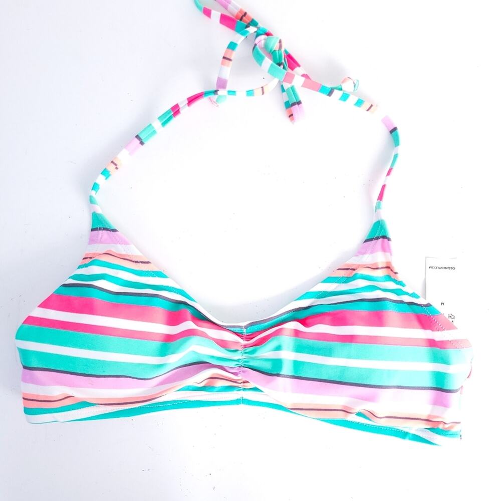 New Old Navy Swimsuit Bathing Suit Top Halter Size Medium, Stripe Pink, White